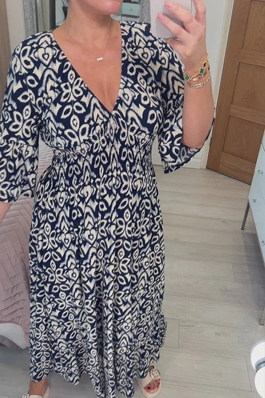 Bohemian Midi-Kleid von Selene für Damen mit Blumenmuster und V-Ausschnitt