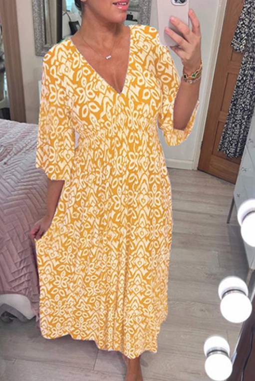 Bohemian Midi-Kleid von Selene für Damen mit Blumenmuster und V-Ausschnitt