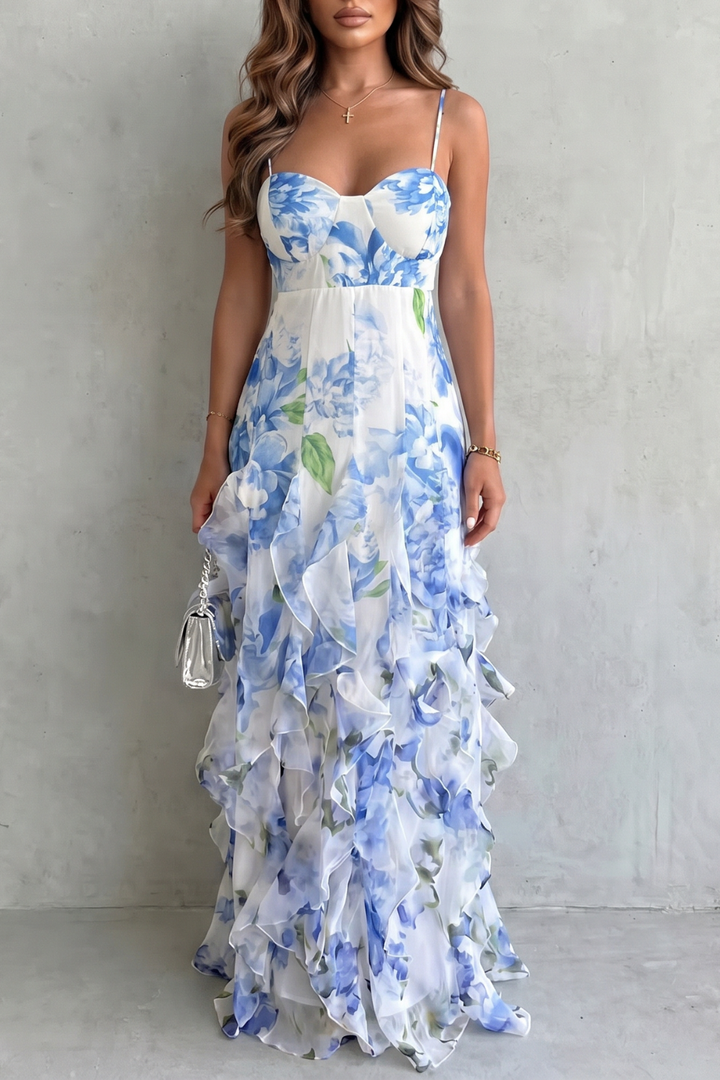 Elena | Damen Maxikleid mit Blumenmuster und Rüschen