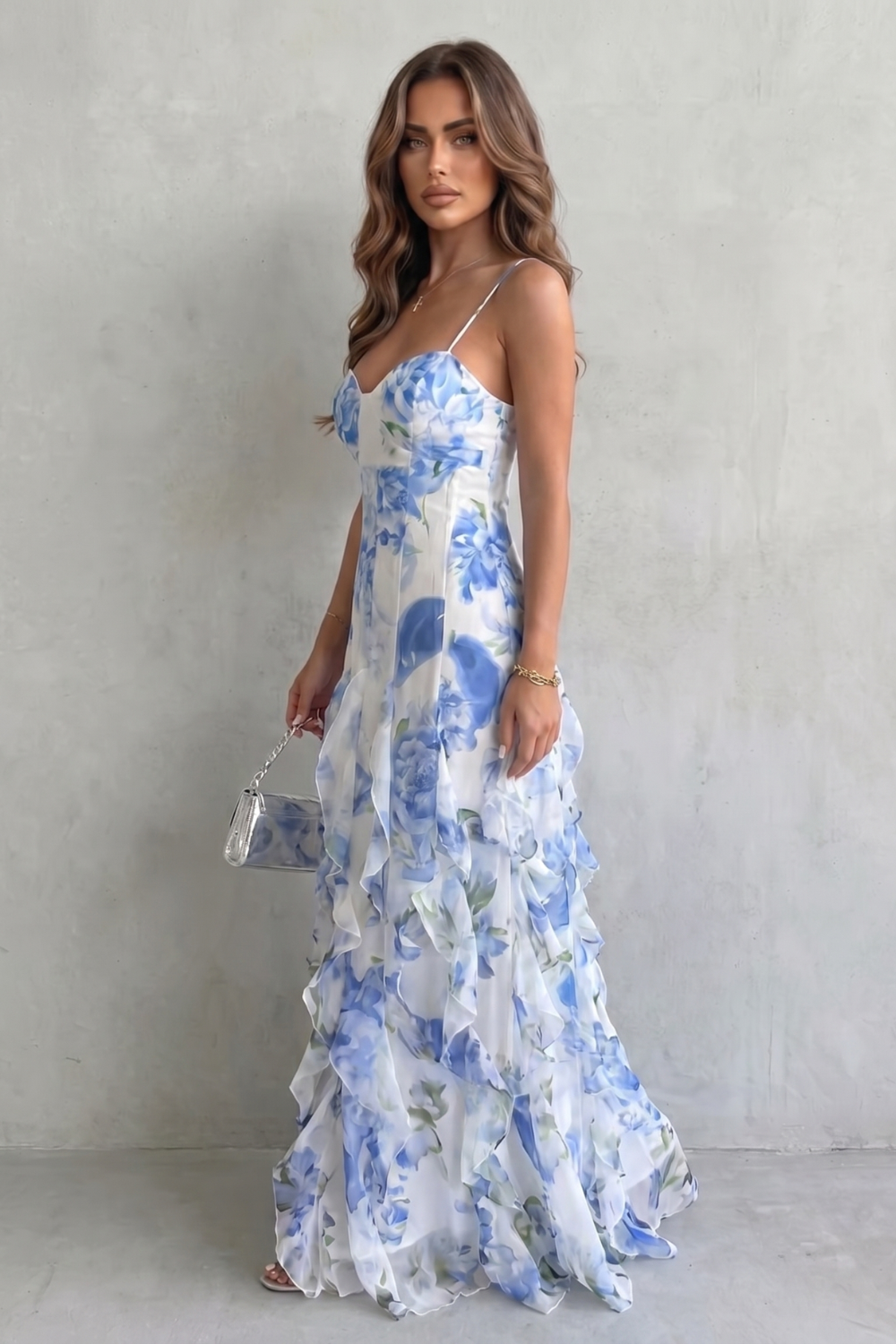 Elena | Damen Maxikleid mit Blumenmuster und Rüschen