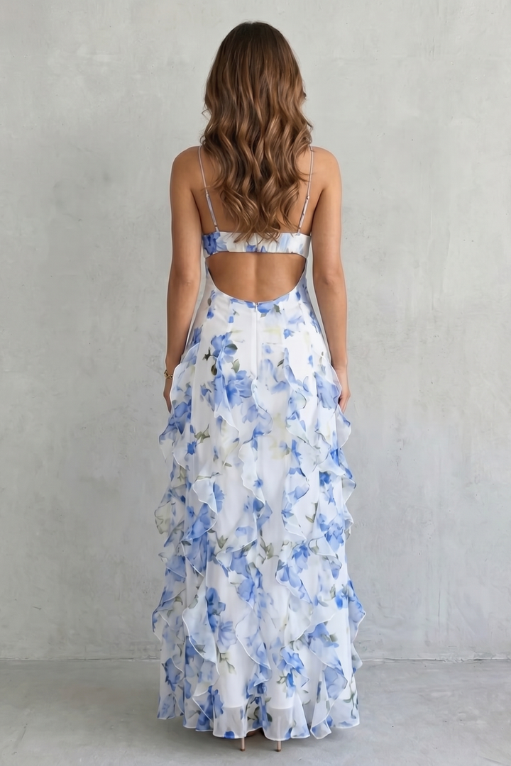 Elena | Damen Maxikleid mit Blumenmuster und Rüschen