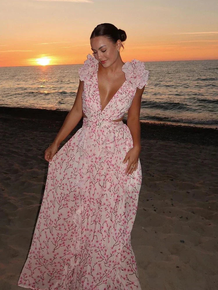 Aurora | Elegantes Rückenfreies Rüschens Maxikleid für Damen