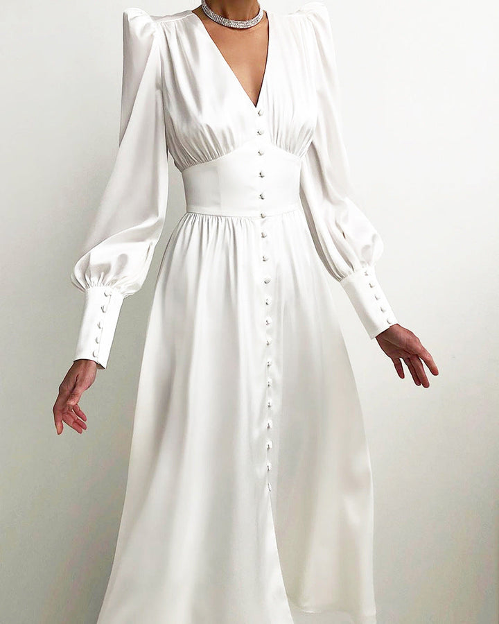 Hannah | Damen-Midikleid mit V-Ausschnitt und Knopfleiste