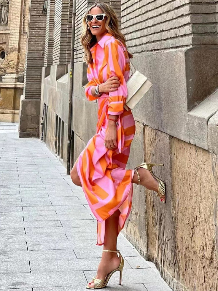 Clarissa | Gestreiftes Midi-Hemdkleid für Damen mit V-Ausschnitt und 3/4-Ärmeln