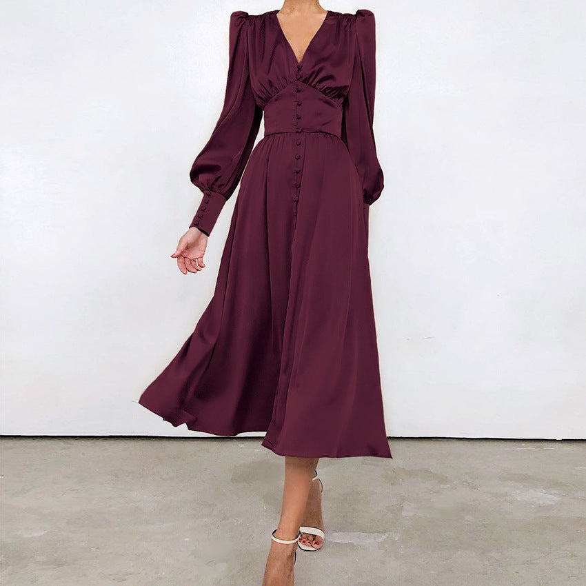 Hannah | Damen-Midikleid mit V-Ausschnitt und Knopfleiste