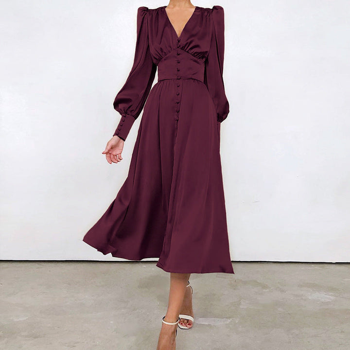 Hannah | Damen-Midikleid mit V-Ausschnitt und Knopfleiste