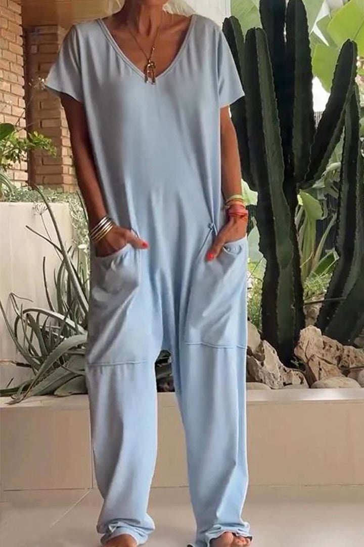 Reshiel | Lässiger Stil Jumpsuit für Damen mit V-Ausschnitt und kurzen Ärmeln