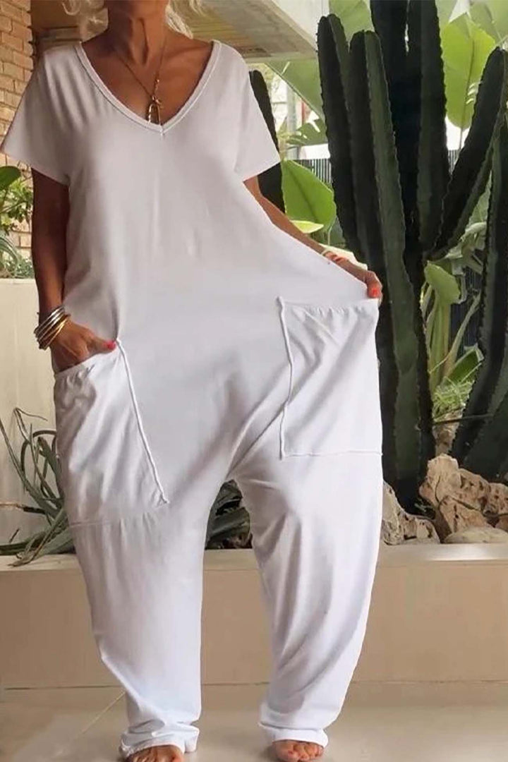 Reshiel | Lässiger Stil Jumpsuit für Damen mit V-Ausschnitt und kurzen Ärmeln