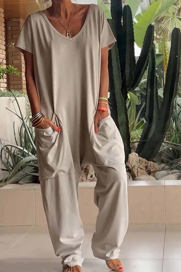 Reshiel | Lässiger Stil Jumpsuit für Damen mit V-Ausschnitt und kurzen Ärmeln