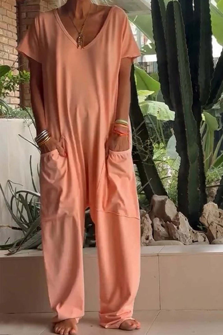 Reshiel | Lässiger Stil Jumpsuit für Damen mit V-Ausschnitt und kurzen Ärmeln