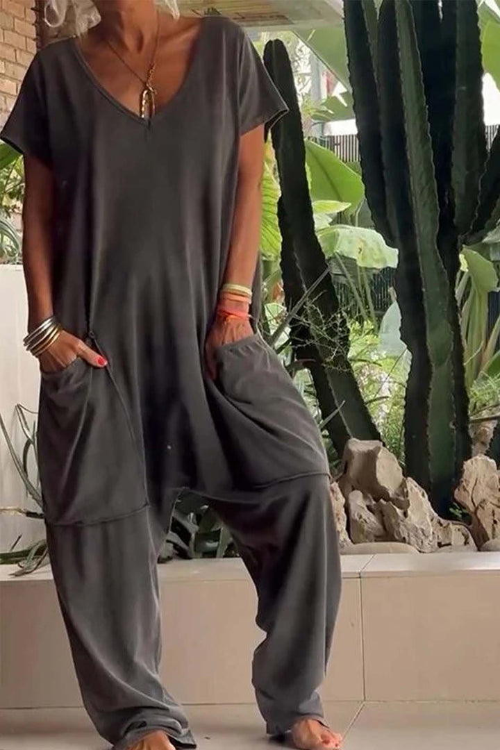 Reshiel | Lässiger Stil Jumpsuit für Damen mit V-Ausschnitt und kurzen Ärmeln