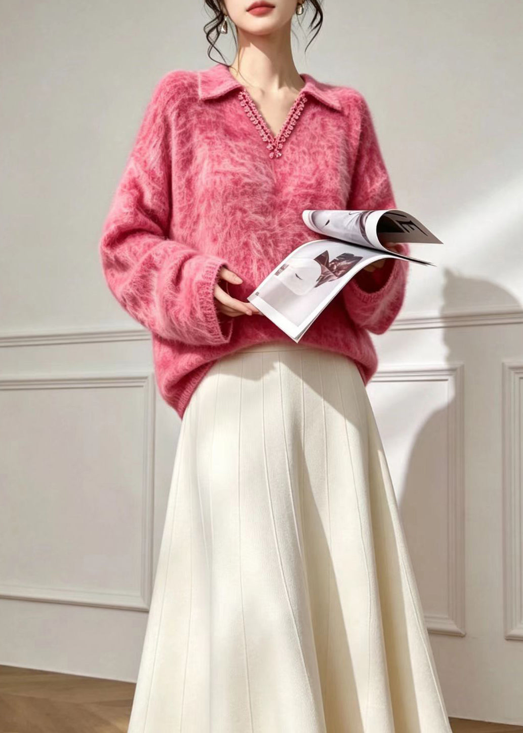Damen Polopullover mit Spitze und V-Ausschnitt