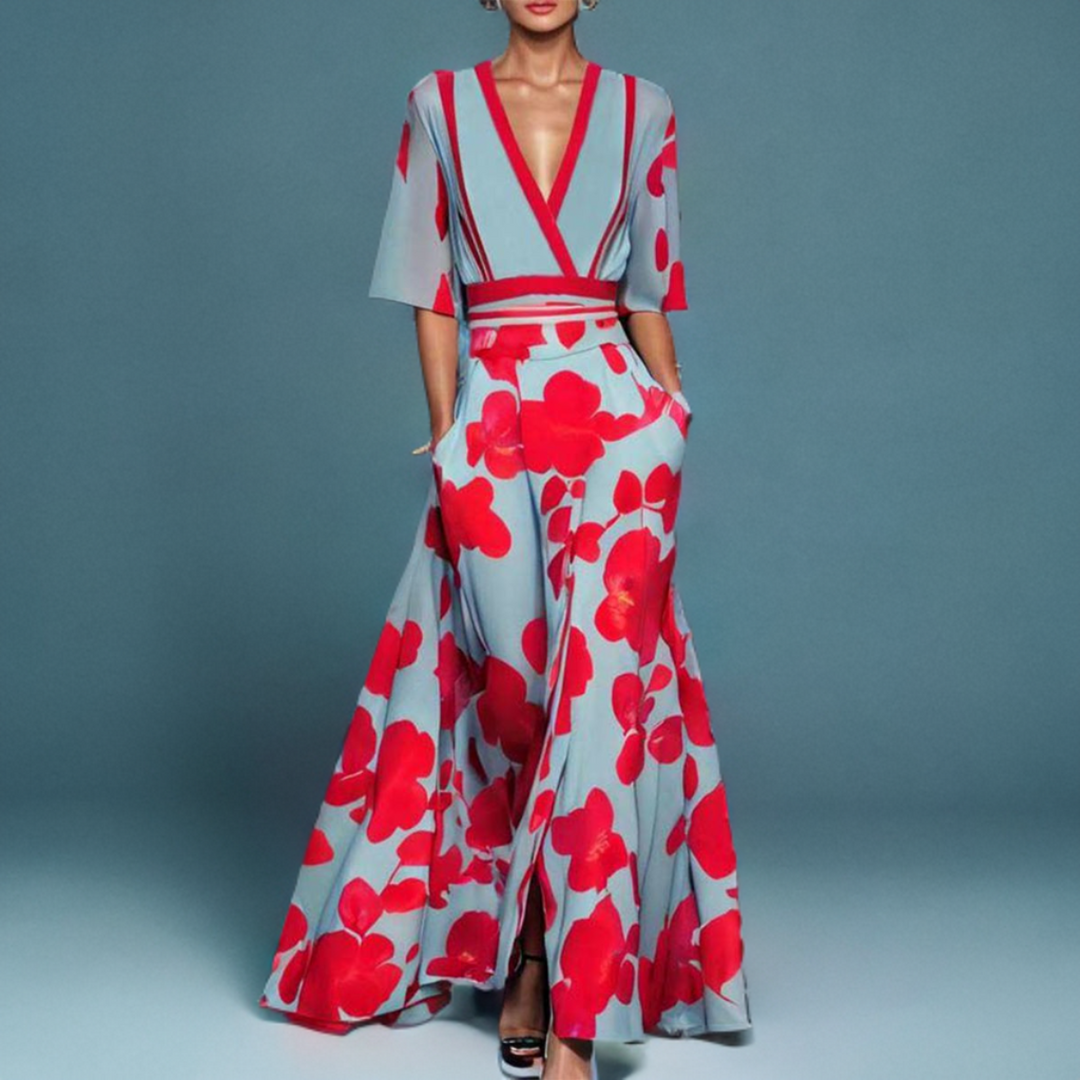 Irma | Elegantes Ärmelkleid für Damen mit Blumenmuster und V-Ausschnitt