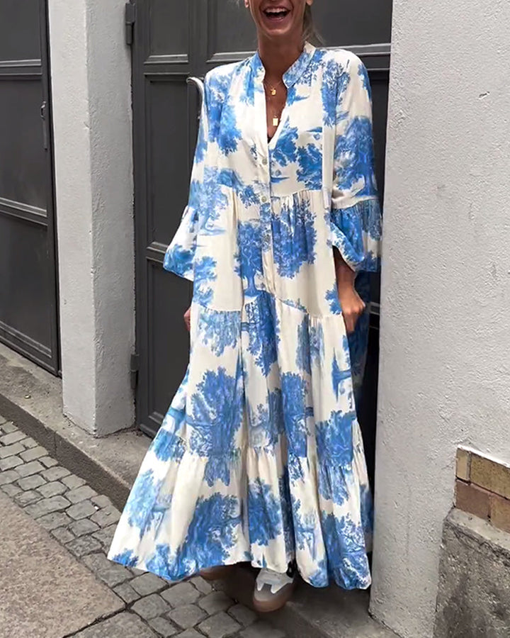 Ophelia | Langes Fließendes Maxikleid für Damen mit V-Ausschnitt und langen Ärmeln
