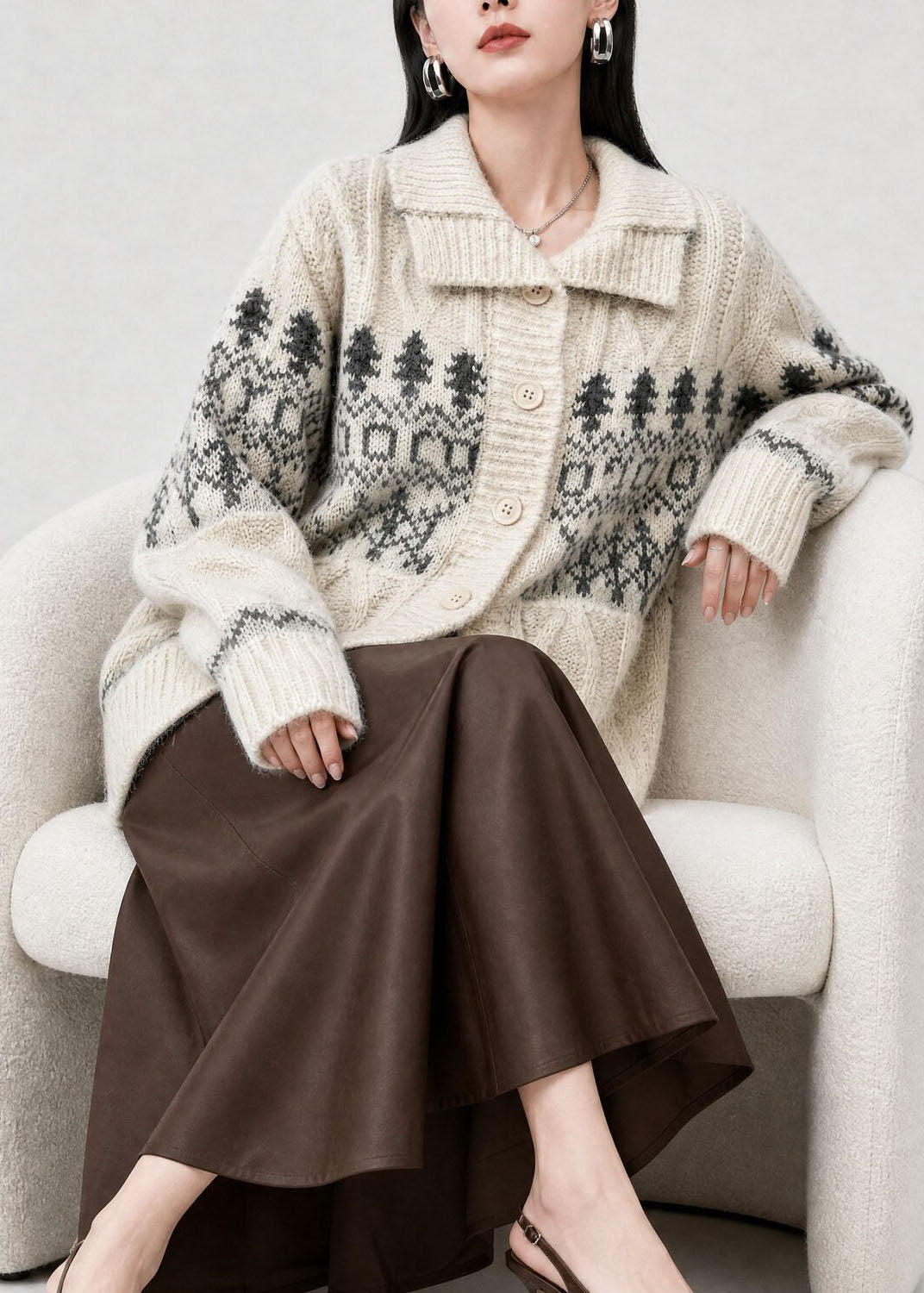 Cardigan pour femme à coupe ample avec col Claudine