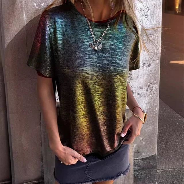 Alicia Strahlende Metallbluse für Damen mit Rundhalsausschnitt und kurzen Ärmeln