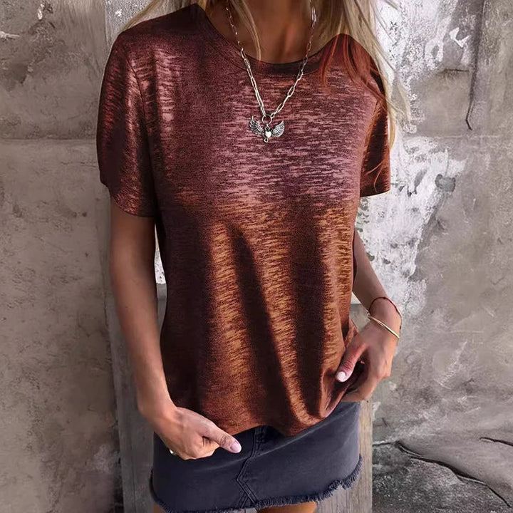 Alicia Strahlende Metallbluse für Damen mit Rundhalsausschnitt und kurzen Ärmeln
