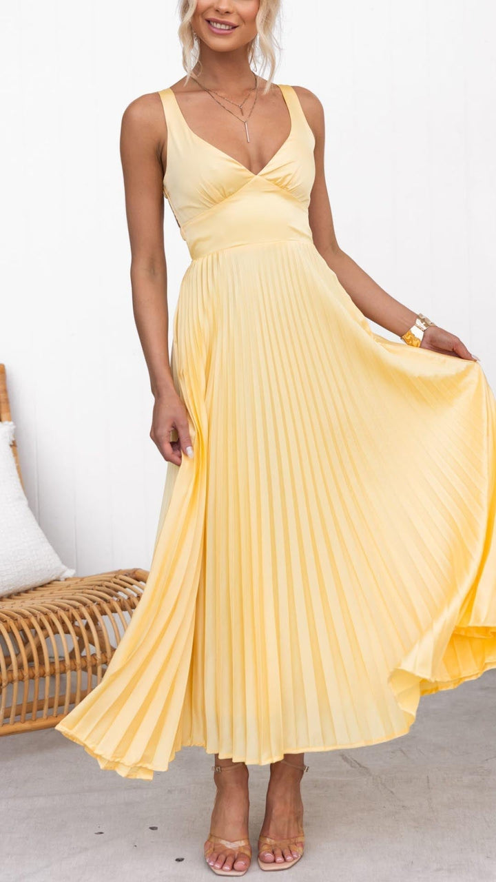 Aby | Gelbes Plissiertes V-Ausschnitt Maxikleid für Damen