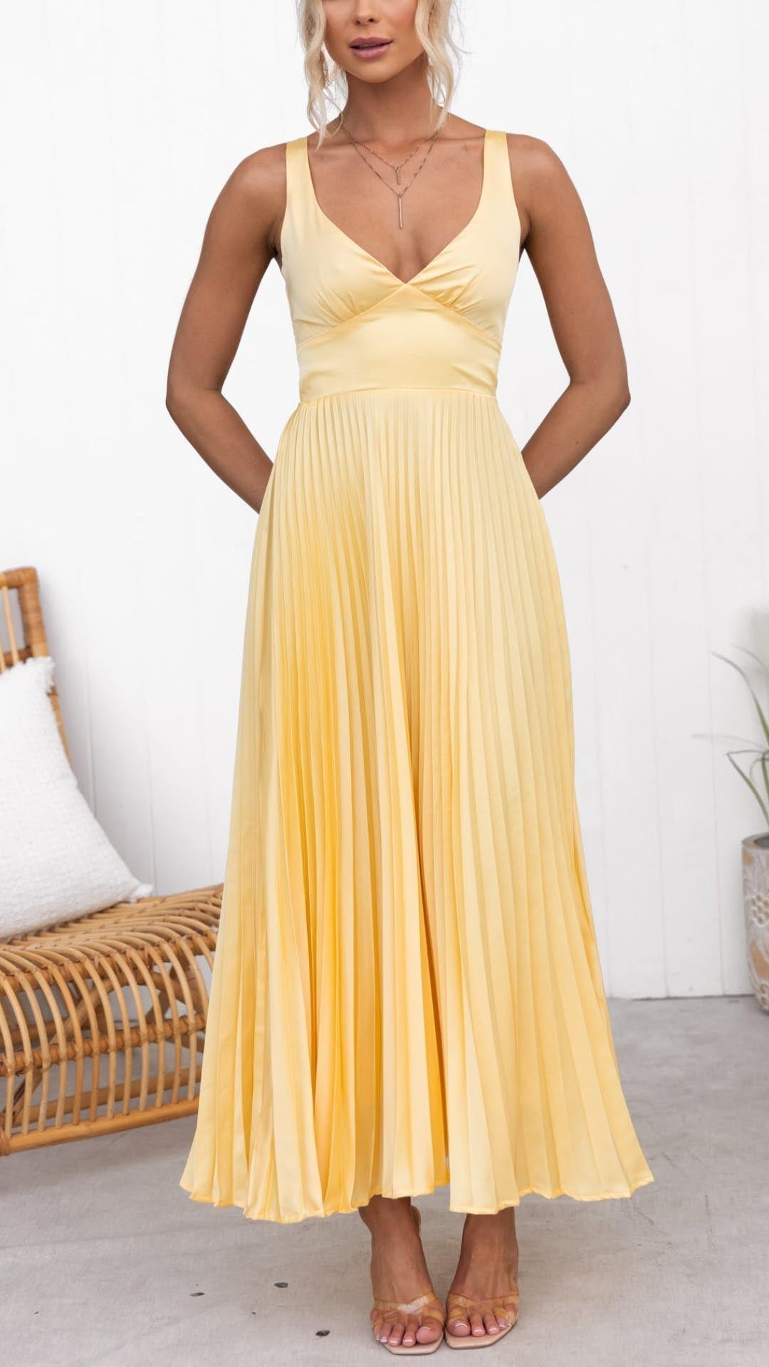 Aby | Gelbes Plissiertes V-Ausschnitt Maxikleid für Damen