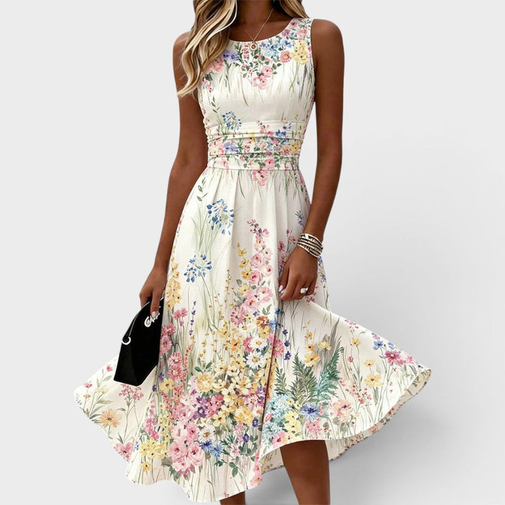 Elena | Damen Ärmelloses Rundhals Blumen Midikleid
