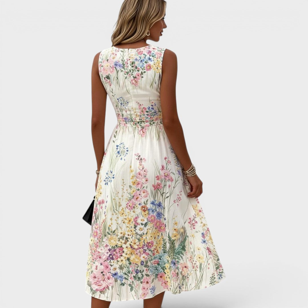 Elena | Damen Ärmelloses Rundhals Blumen Midikleid