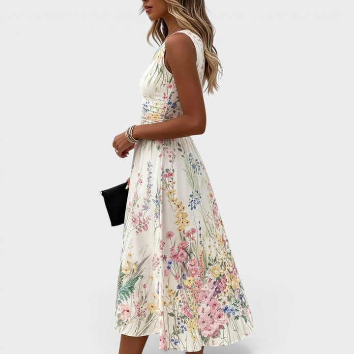 Elena | Damen Ärmelloses Rundhals Blumen Midikleid
