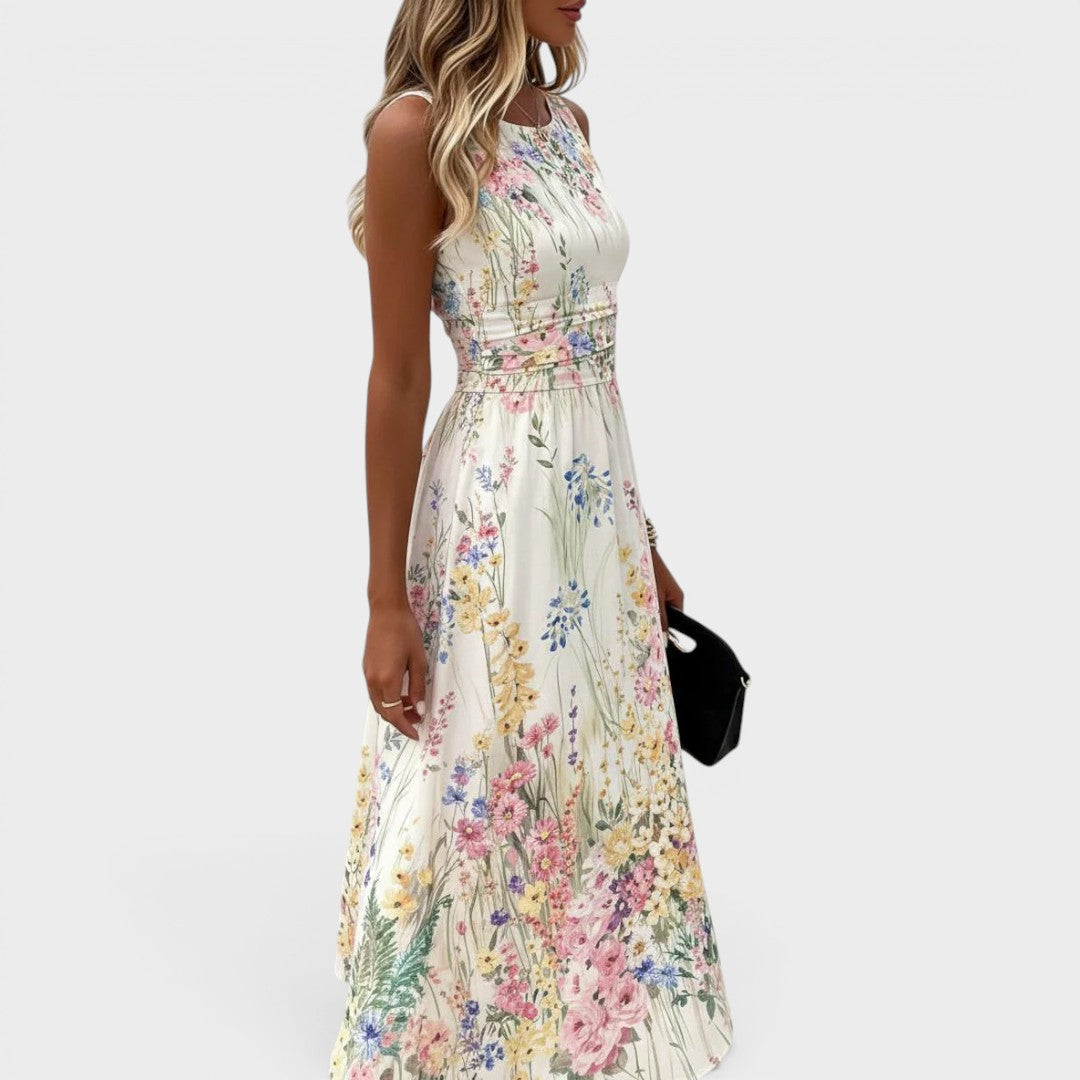 Elena | Damen Ärmelloses Rundhals Blumen Midikleid
