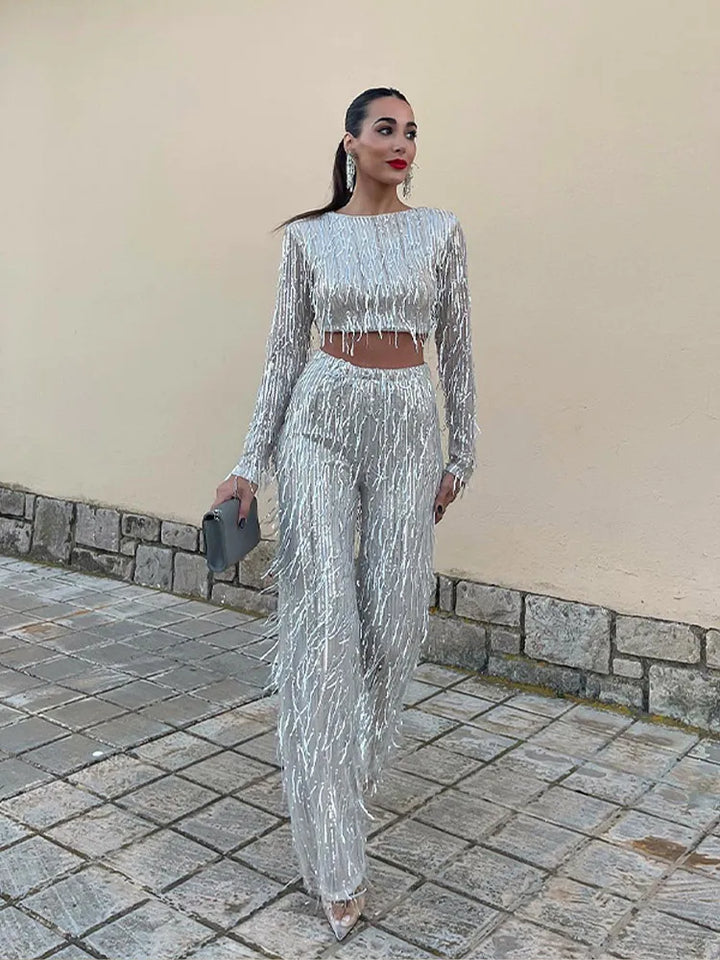 Coraline | Glamouröses Pailletten-Crop-Top mit langen Ärmeln