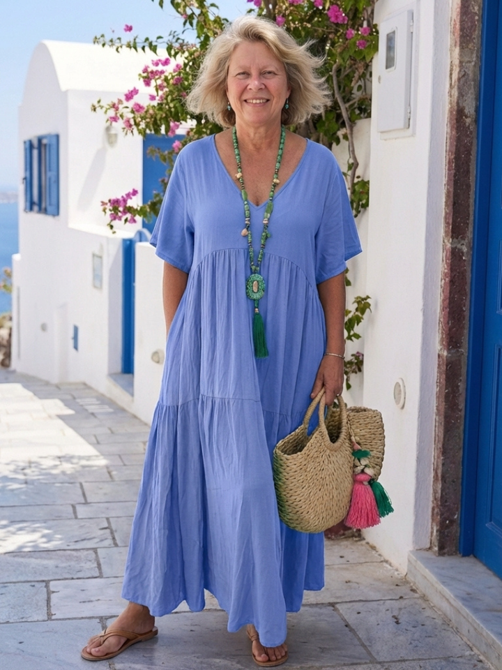 Zinnia | Kurzärmliges gestuftes blaues Maxikleid für Damen