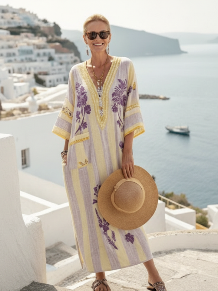 Aurelia | V-Ausschnitt Halbarm Gestreiftes Floral Maxikleid für Damen