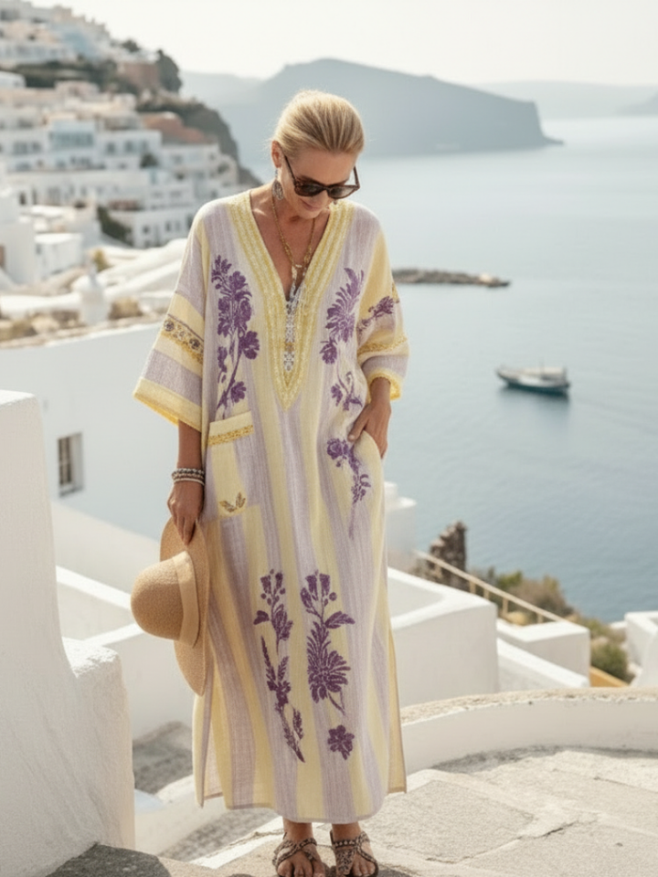 Aurelia | V-Ausschnitt Halbarm Gestreiftes Floral Maxikleid für Damen