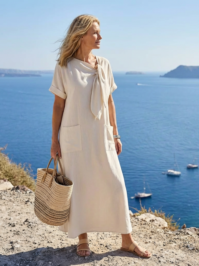 Elowyn | Maxikleid für Damen mit Rundhalsausschnitt und kurzen Ärmeln