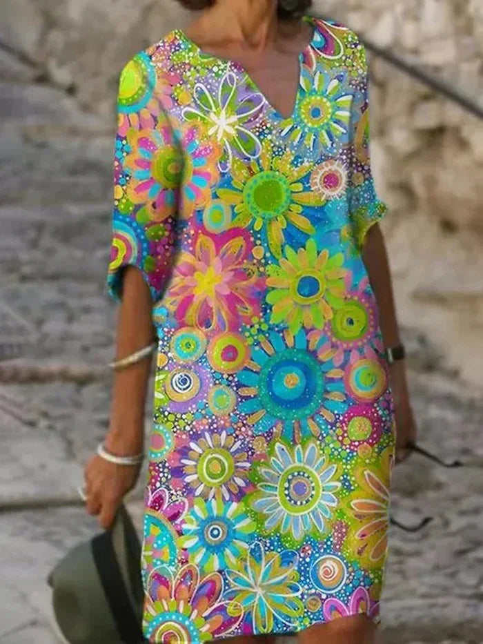 Beth | Buntes Blumenkleid mit V-Ausschnitt und langen Ärmeln
