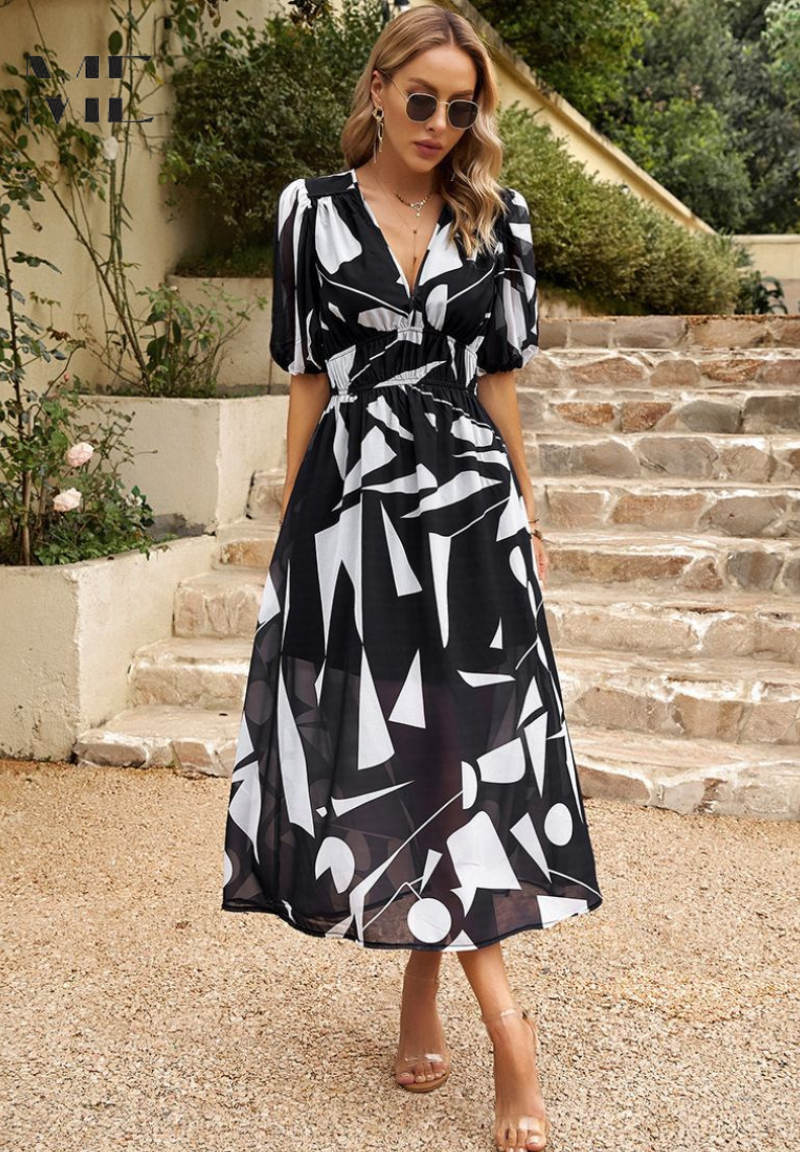Arianne | Elegantes Midikleid für Damen mit Blumenmuster und V-Ausschnitt