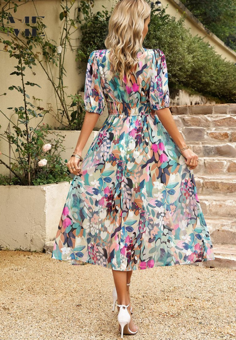 Aria | Elegantes Midikleid für Damen mit Blumenmuster und V-Ausschnitt