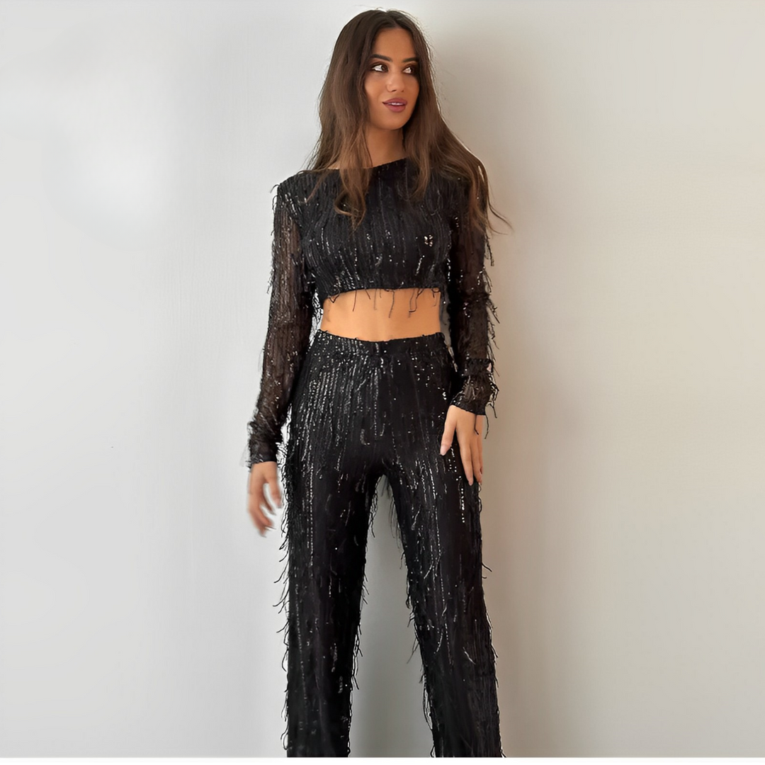 Coraline | Glamouröses Pailletten-Crop-Top mit langen Ärmeln