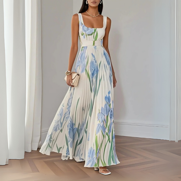 Nina | Damen Blumen Maxi Kleid mit Falten-Design und eckigem Ausschnitt
