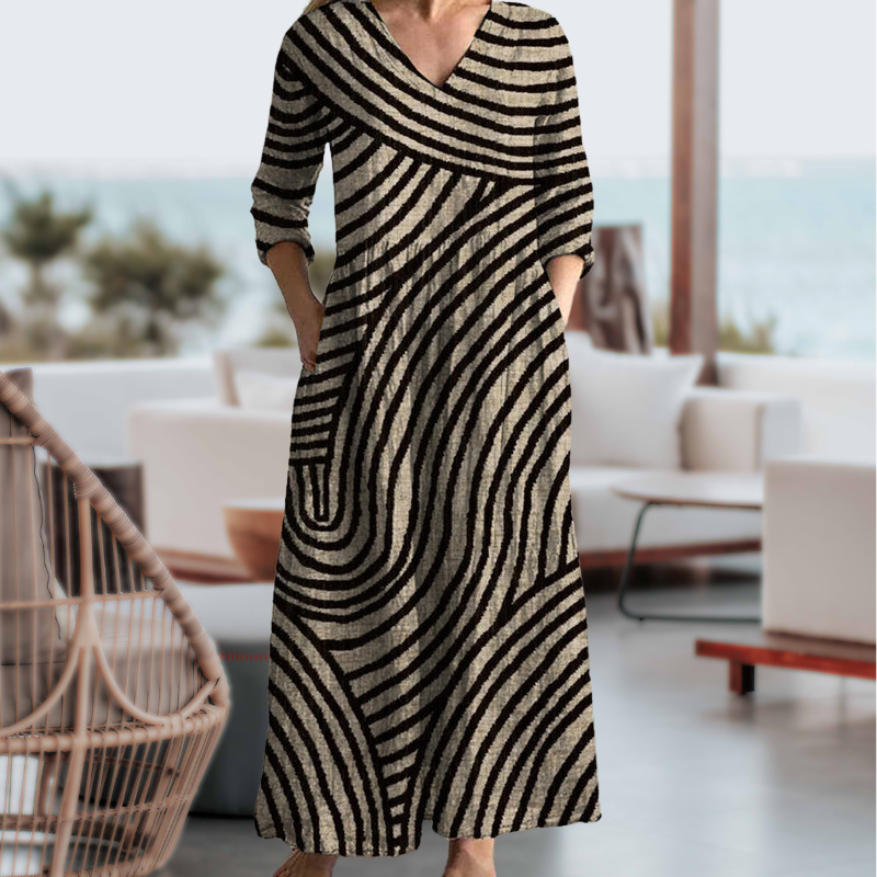Eve | Vintage Streifenkleid für Damen mit V-Ausschnitt und 3/4-Ärmeln