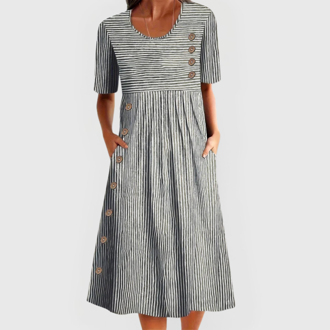 Wanda | Gestreiftes Midi-Kleid für Damen mit Streifen und Rundhalsausschnitt