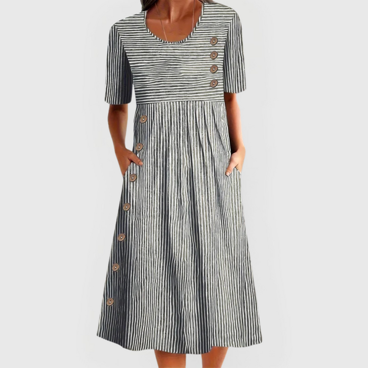 Wanda | Gestreiftes Midi-Kleid für Damen mit Streifen und Rundhalsausschnitt