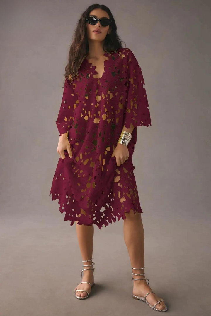Liv | Maxi Kleid für Damen mit V-Ausschnitt und kurzen Ärmeln