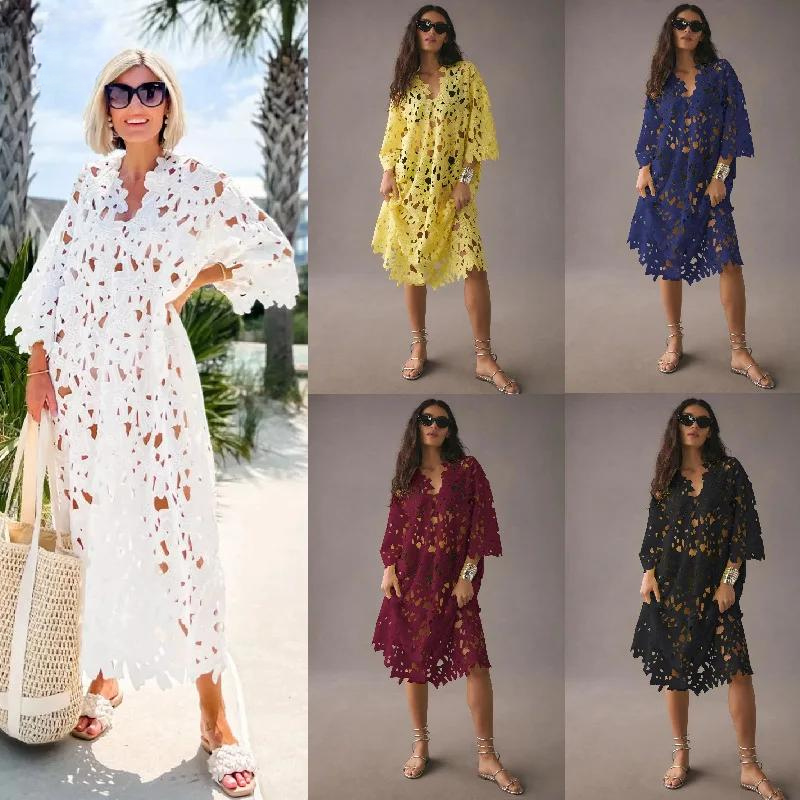 Liv | Maxi Kleid für Damen mit V-Ausschnitt und kurzen Ärmeln