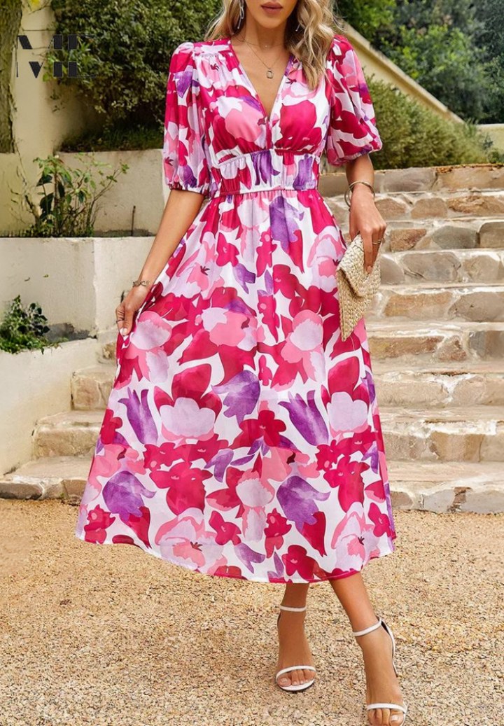 Arianne | Elegantes Midikleid für Damen mit Blumenmuster und V-Ausschnitt