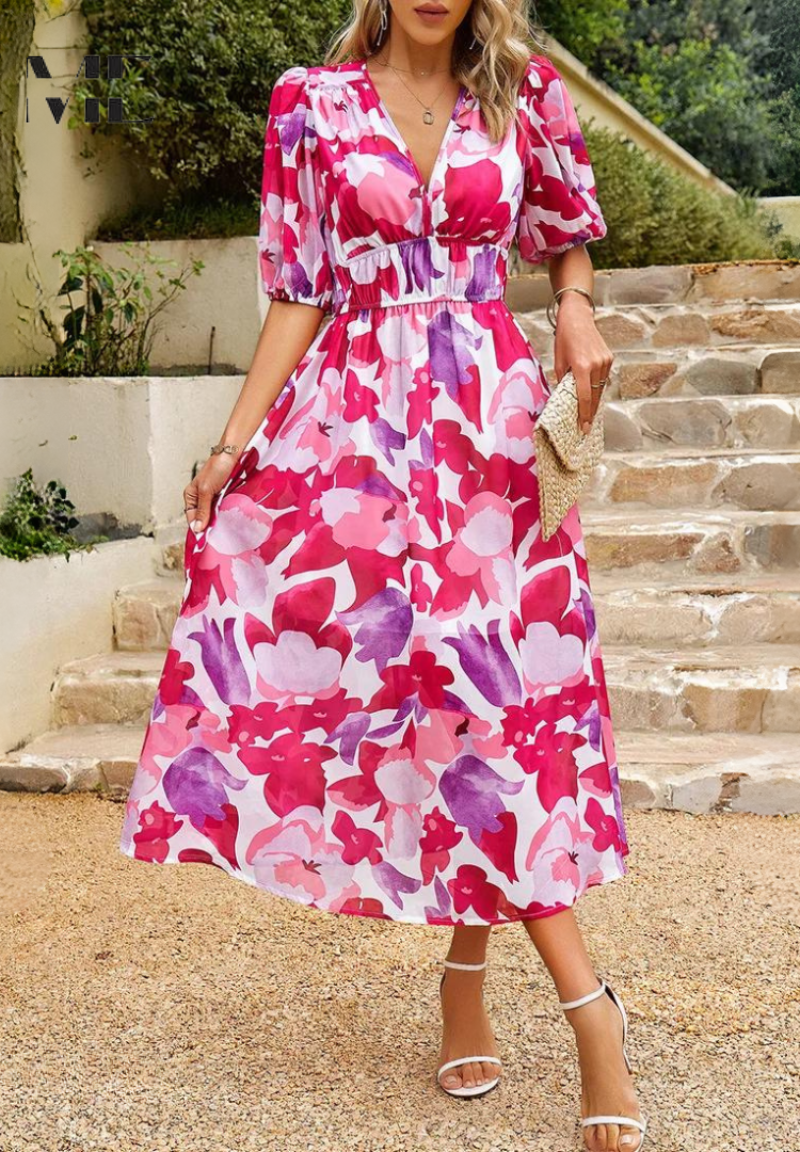 Aria | Elegantes Midikleid für Damen mit Blumenmuster und V-Ausschnitt