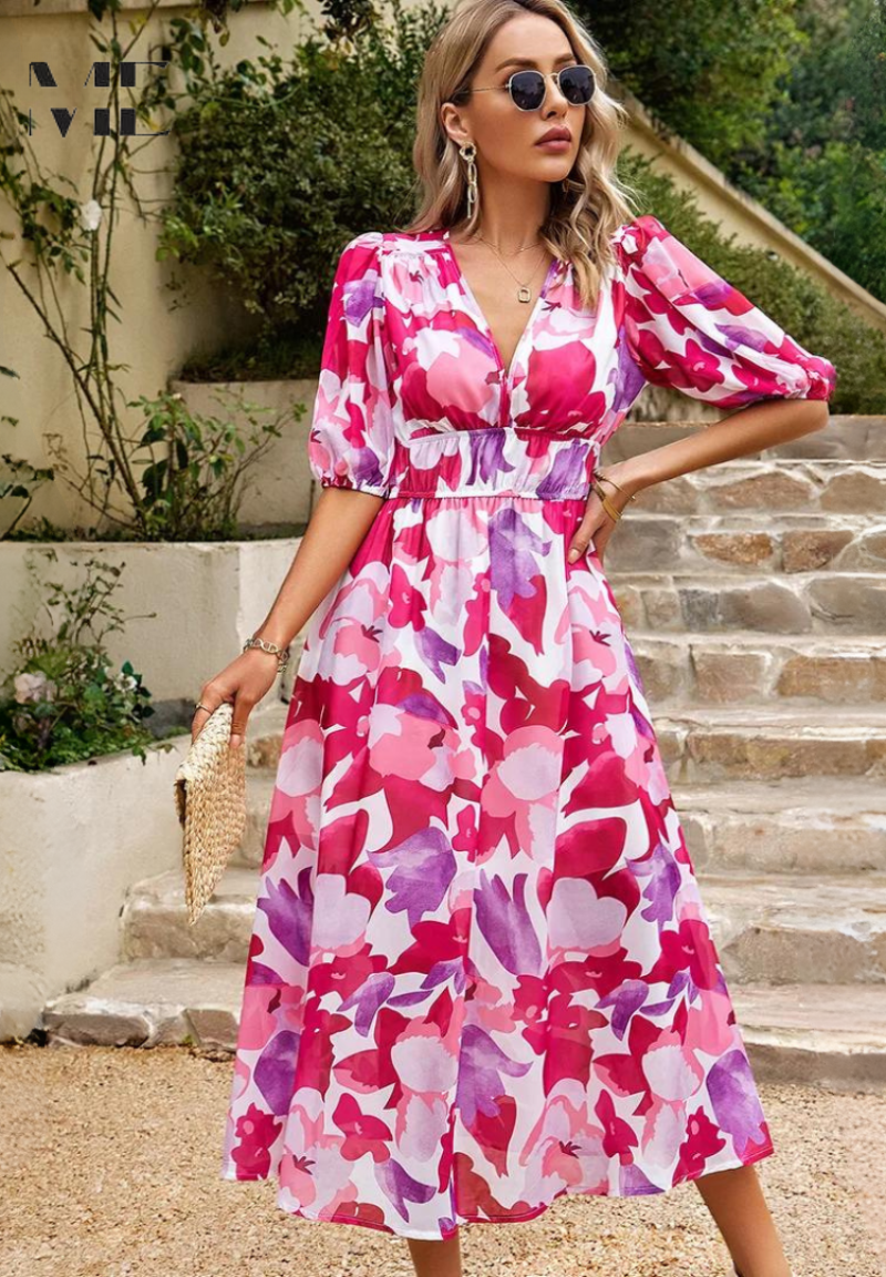 Aria | Elegantes Midikleid für Damen mit Blumenmuster und V-Ausschnitt
