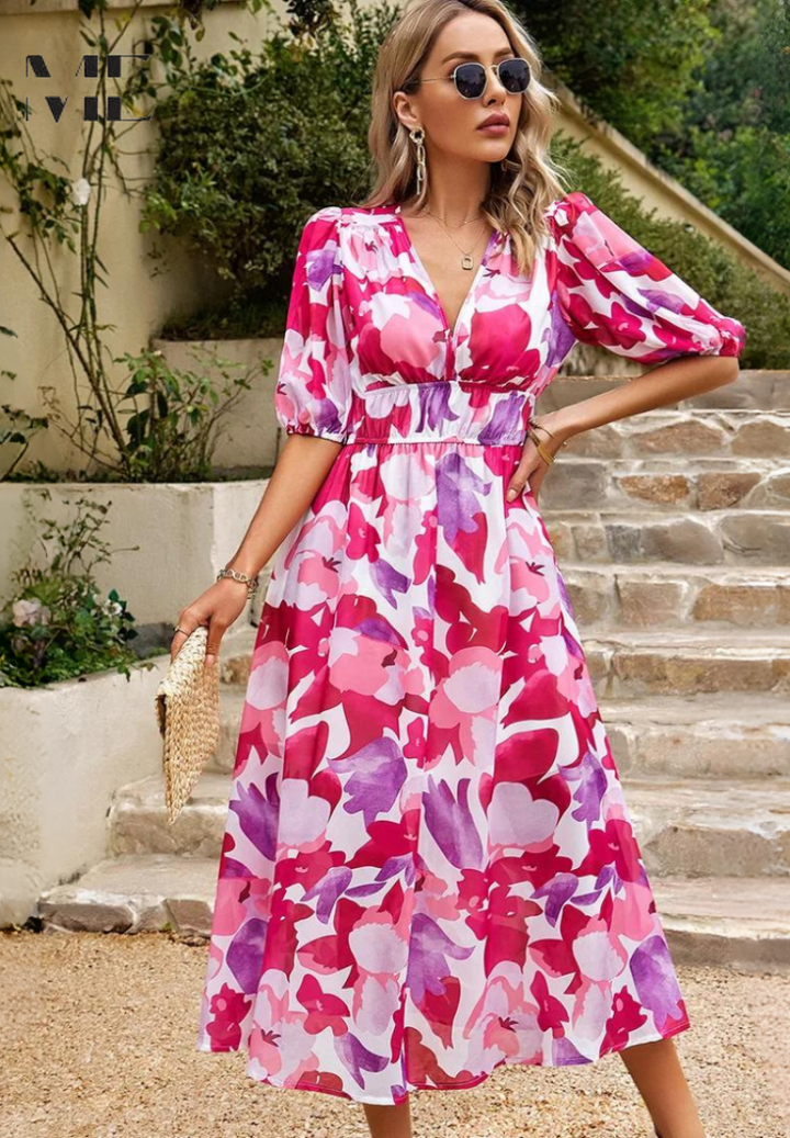 Arianne | Elegantes Midikleid für Damen mit Blumenmuster und V-Ausschnitt