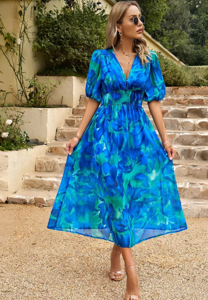 Arianne | Elegantes Midikleid für Damen mit Blumenmuster und V-Ausschnitt
