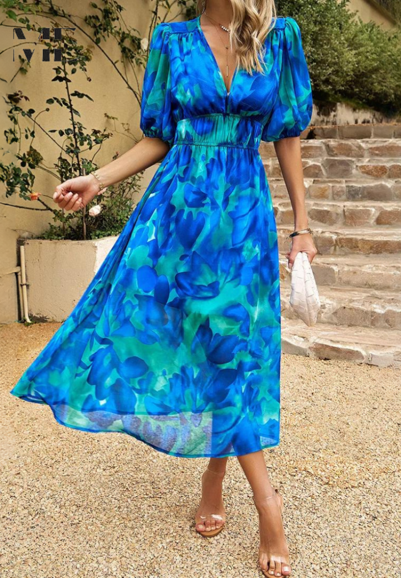 Aria | Elegantes Midikleid für Damen mit Blumenmuster und V-Ausschnitt