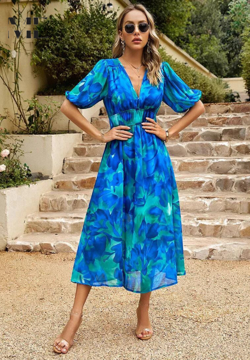 Aria | Elegantes Midikleid für Damen mit Blumenmuster und V-Ausschnitt