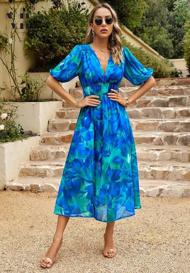 Aria | Elegantes Midikleid für Damen mit Blumenmuster und V-Ausschnitt